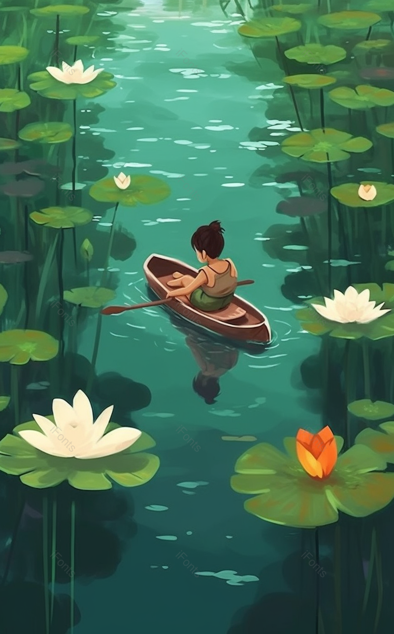 可爱女生节气人物荷塘游船插画背景,插画/手绘图,插画/手绘图库,插画/手绘图下载,插画/手绘